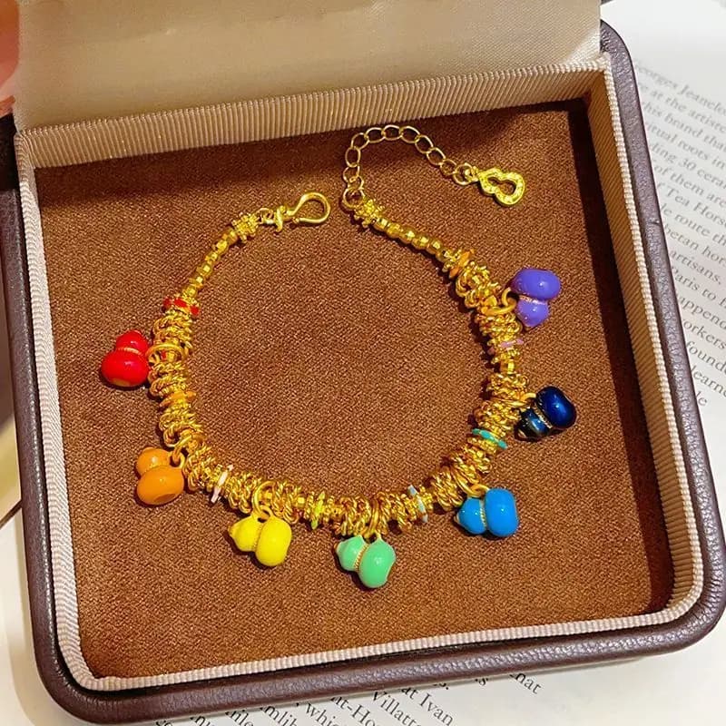 Gold Plated Enamel Lucky Gourds and Sparkling Beads Bracelet with Multicolor Fortune Charms for Women Elegant Protective Gift
