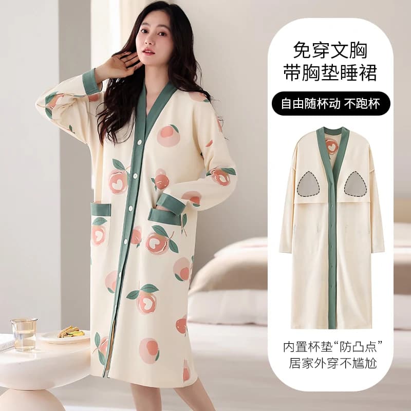 Men's night shirt large size M-5XL spring and autumn with padding on chest floral knitted cotton night shirt Femme