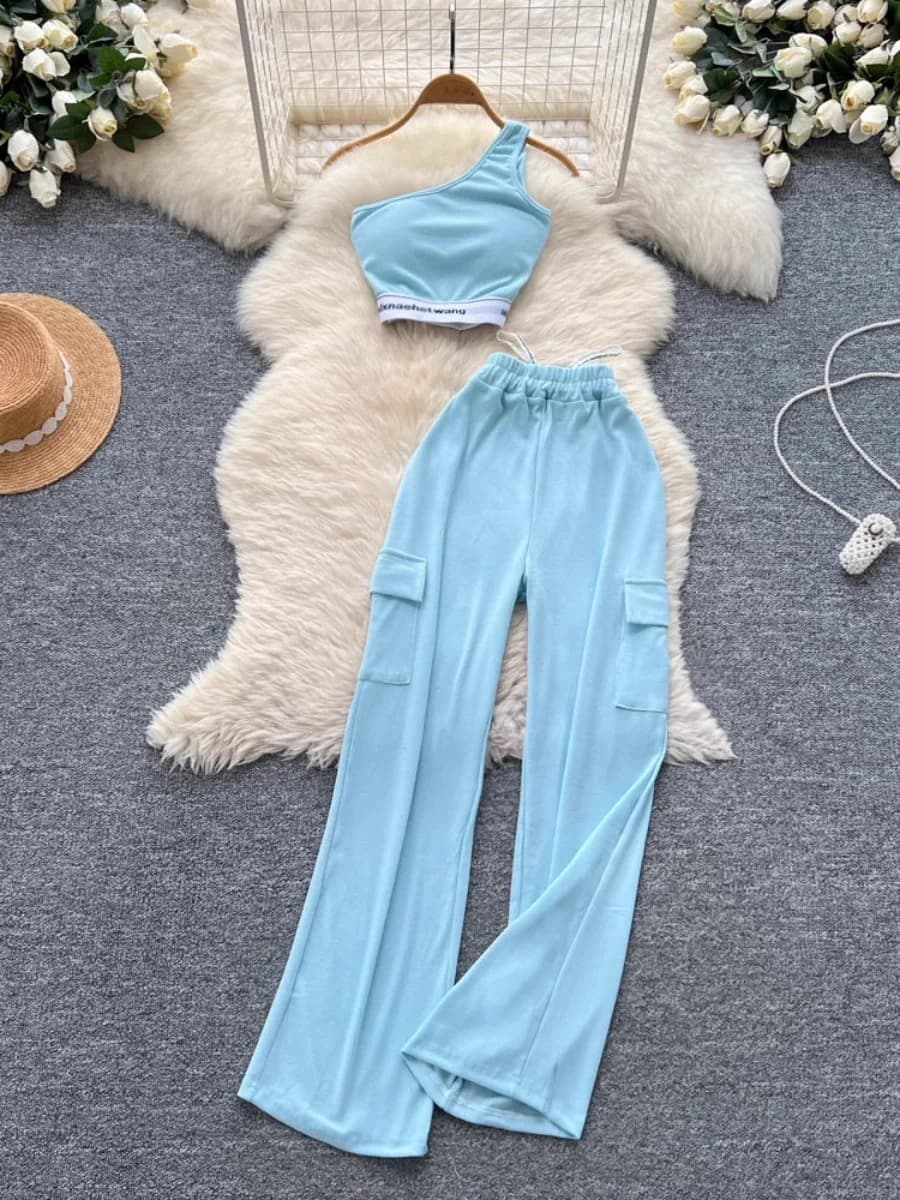 Foamlina Sportswear Set of 2 pieces Women's Summer Spalla asymmetrical Halter Waist Short vest + High waist wide leg pants