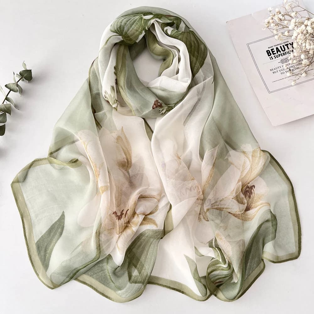 Scent lily print Stripe scarf in elegant chiffon georgettes for women pretty Slim slide with summer beach sun protection