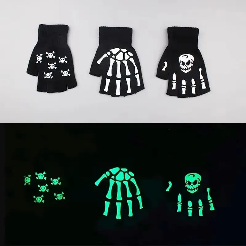 1-4 paia di guanti mezze dita con teschio luminoso Guanti da gioco di ruolo di Halloween Guanti da bicicletta elastici in maglia calda autunno inverno