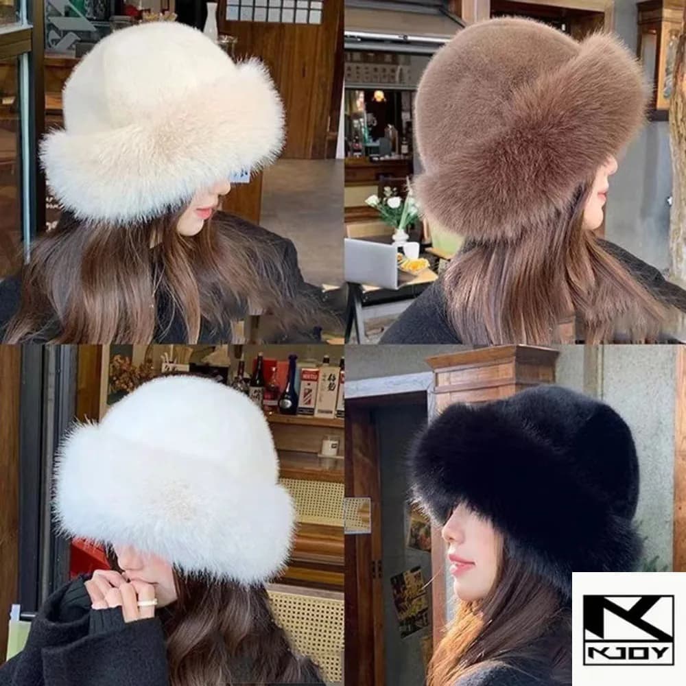 kkjoy Fluffy Fur Plush Bucket Hat Warm Winter Cap suit for women leisure outdoor wear