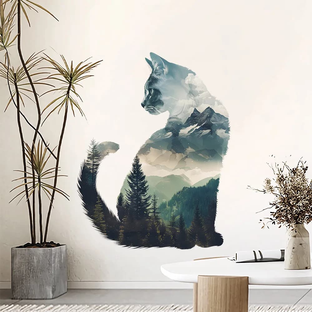 1 Creative Cat Forest Silhouette Wall Sticker, Wall Decoration for Living Room, Bedroom, Dining Room, Study and Hallway