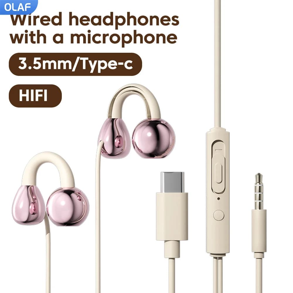 Clip-on Type C&3.5mm Wired Control Headphones HIFI Sound Sports Earbuds Gaming Headsets Earphones in HD mic For iPhone 15 16 17