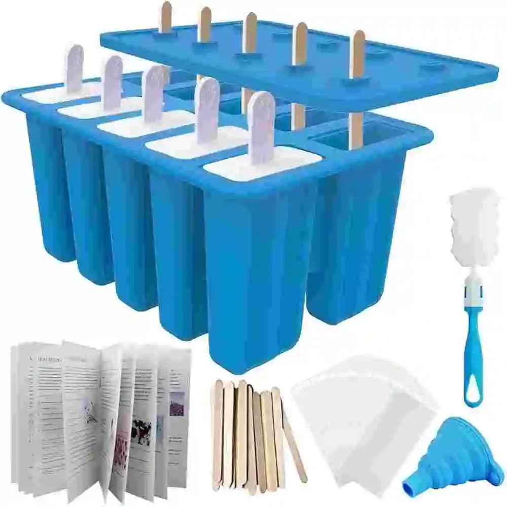 Stampi per ghiaccioli in silicone fatti in casa, macchina per ghiaccioli in silicone non BPA a 10 cav, con 50 bastoncini, 50 sacchetti, 10 bastoncini riutilizzabili, imbuto.