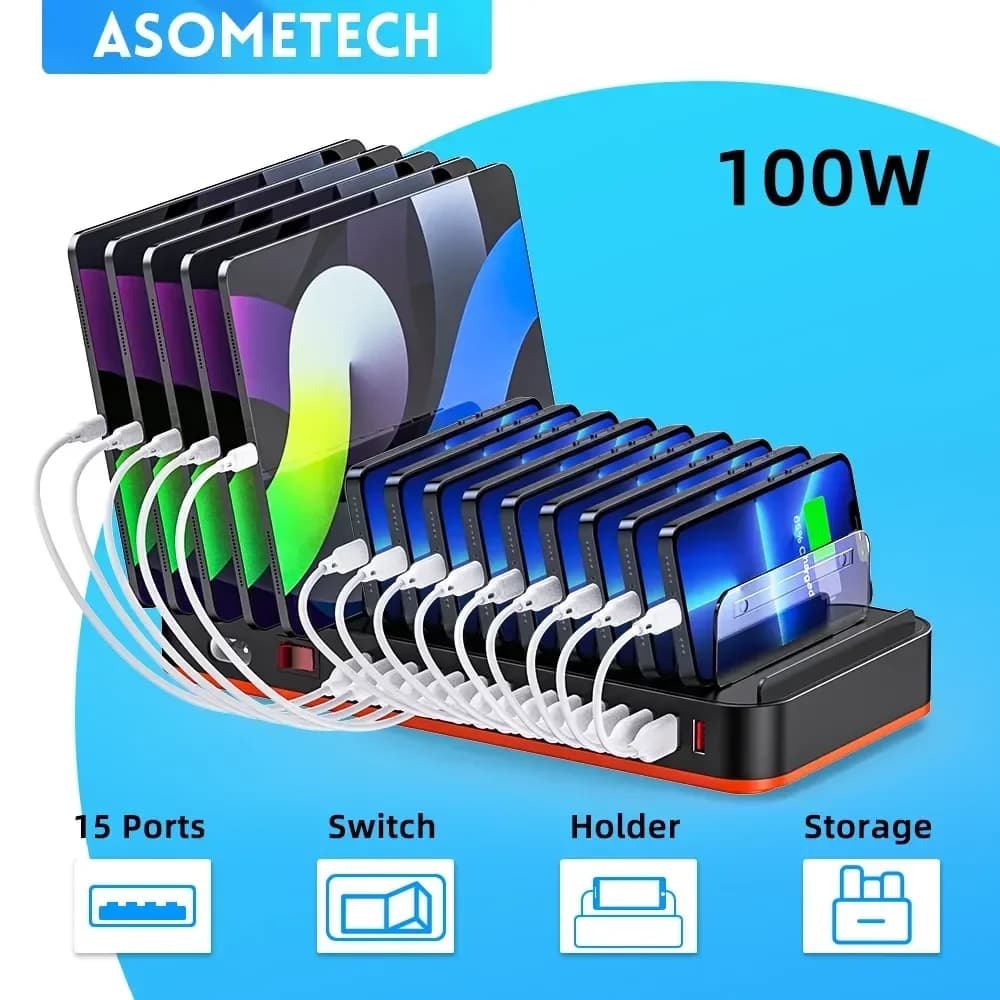 Stazione di ricarica per caricabatterie rapido multi USB universale da 100 W a 15 porte Supporto per telefono a ricarica rapida USB per tablet Iphone 15 Samsung Xiaomi