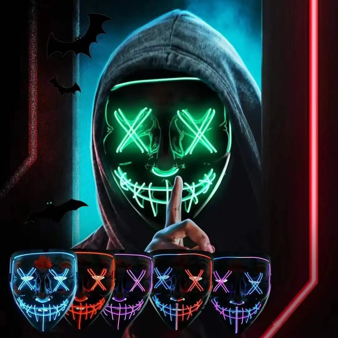 Wireless Neon LED Purge Mask Glow in Dark Horror Light Up Cosplay Face Cover for Halloween Masquerade Party Carnival Club Rave