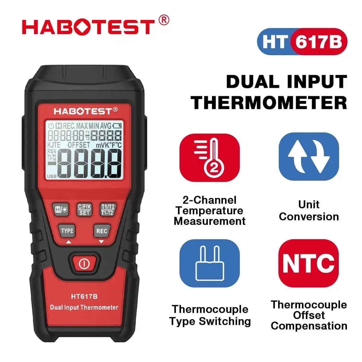 HABOTEST HT617B sonda termocoppia termometro digitale tester di temperatura portatile a doppio canale misura la temperatura del liquido