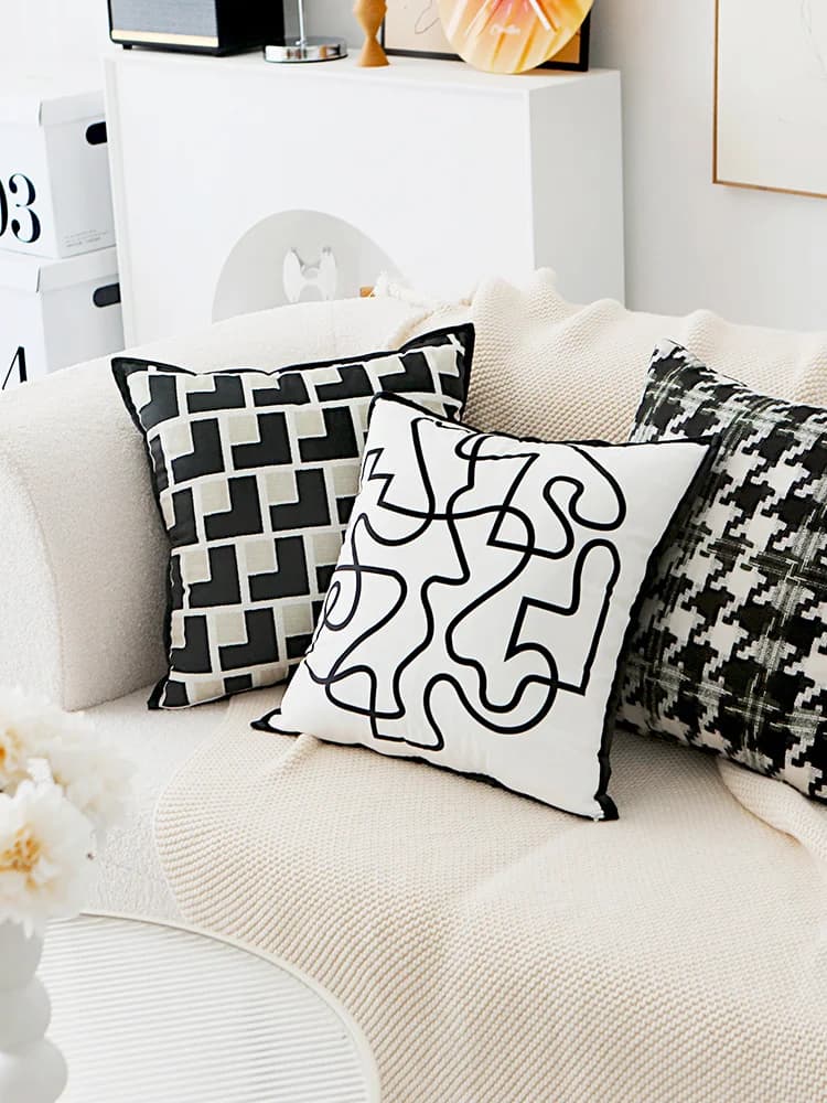 Fodera per cuscino moderna minimalista bianca e nera con linee artistiche, stile INS, di lusso, per cuscino lombare, copricuscino per divano, accessori per l'arredamento della casa