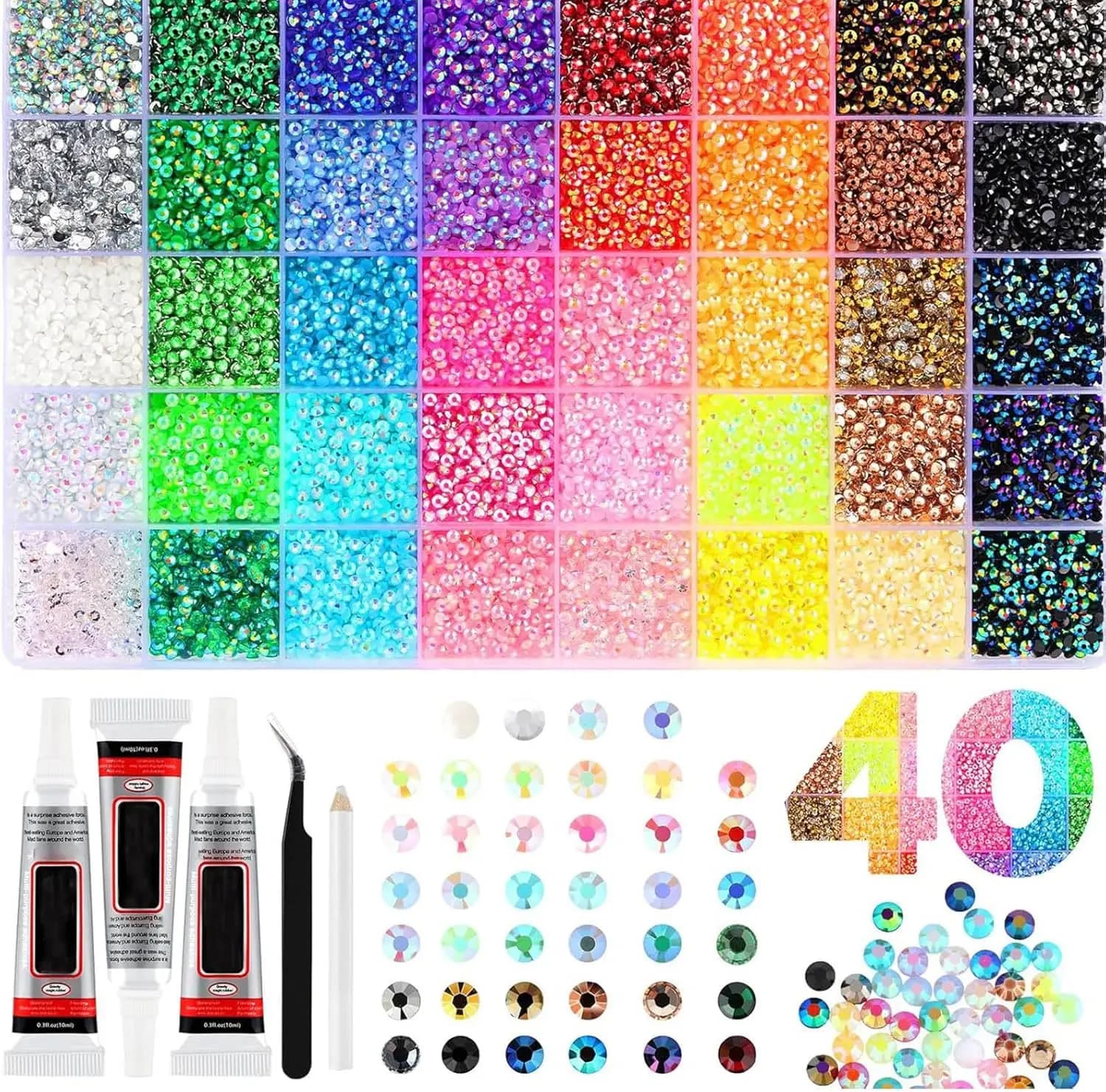 Kit di strass in resina colorati fai da te, gemme piatte multicolor da 3 mm con strumenti e colla per nail art, abbigliamento, custodie per telefoni e lavoretti creativi
