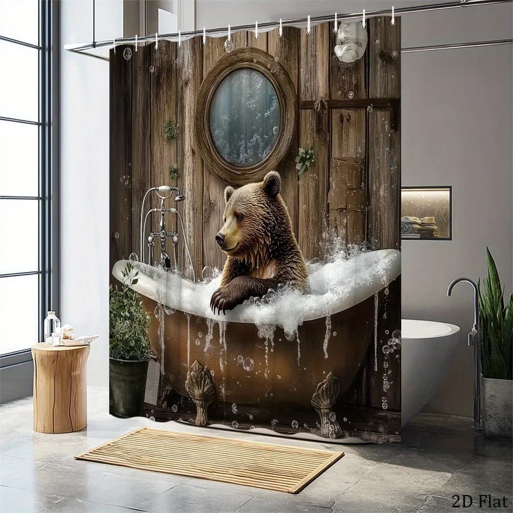 Tenda da doccia impermeabile in tessuto con orso, tende divertenti con animali per il bagno, divisorio per la doccia, decorazione per la casa con ganci