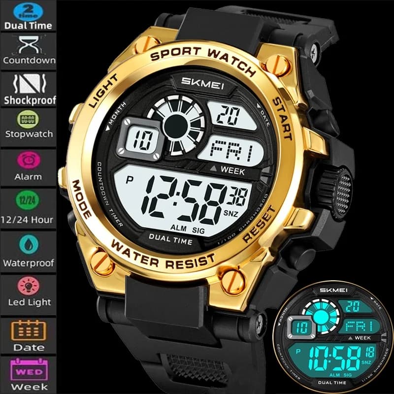 Skmei Shockproof 24 Hour Format Military Sports Watches Big Dial 50m Waterproof Swimming LED Stop Watch Male Dual Time