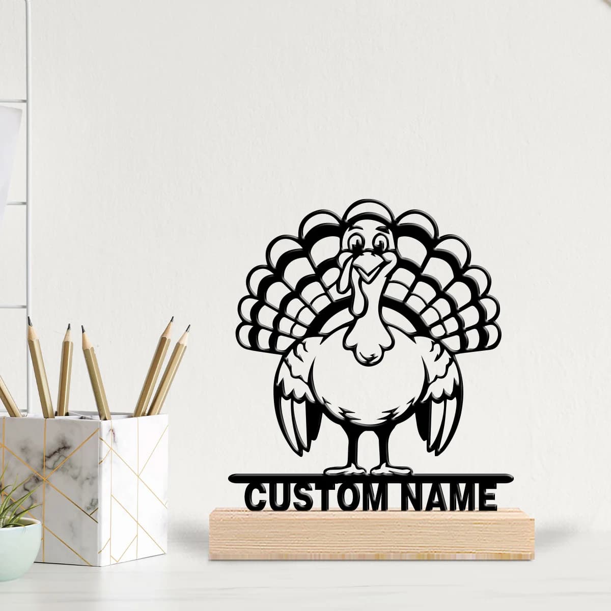 Statua in Metallo Personalizzata della Turchia con Base in Legno, Decorazione da Tavolo per Cucina e Sala da Pranzo