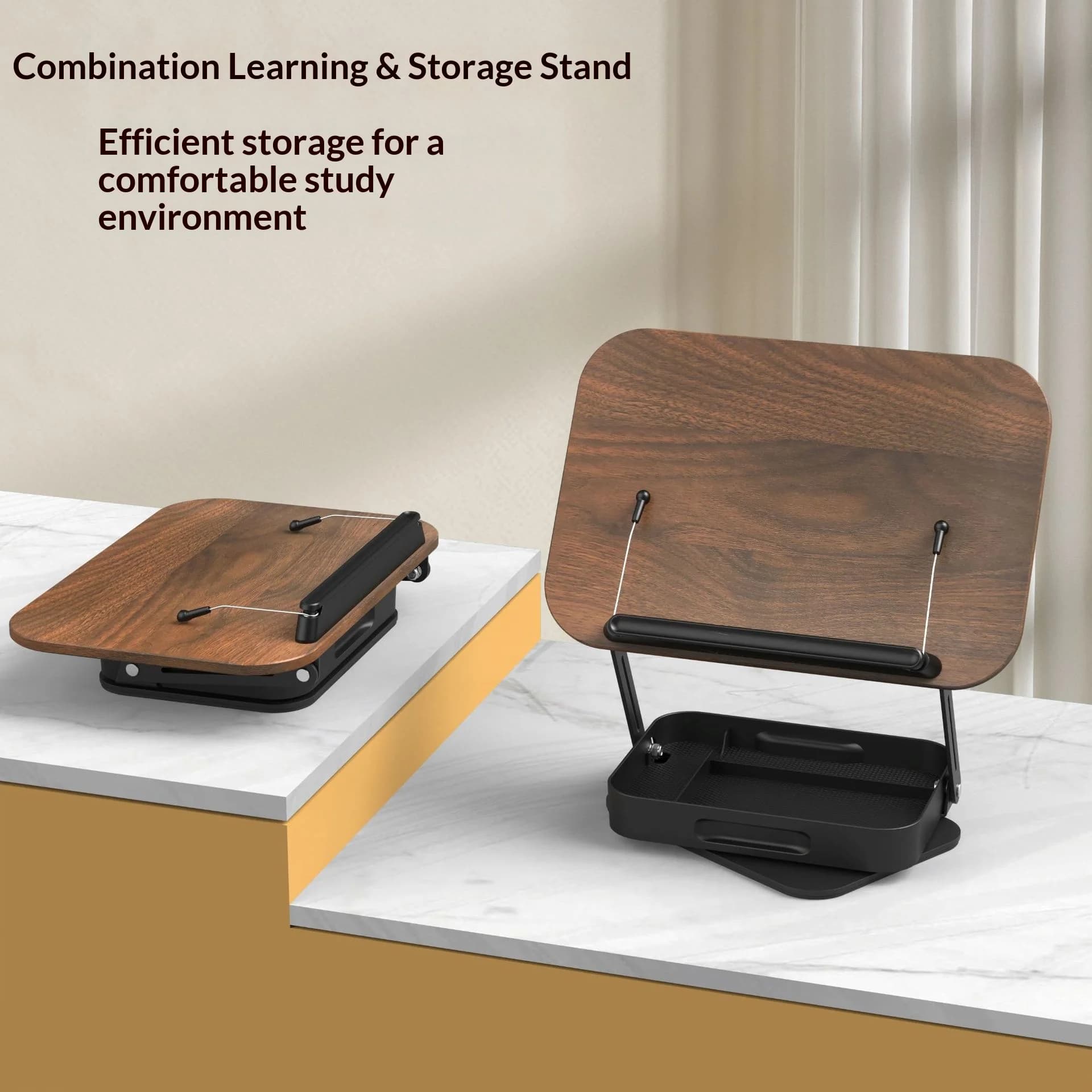 Reading Books Holder Desktop Book Laptop Stand with 360° Rotating Base Wooden Panel & Page Clips Foldable and Angle for Textbook