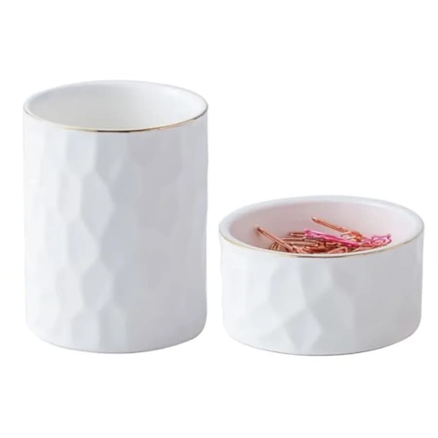 Aesthetic Desk Organizer Set of 2 For Office, Ceramic Pen Holder and Paper Clip Holder Dispenser, Cute Pencil Cup Pot for Desk,