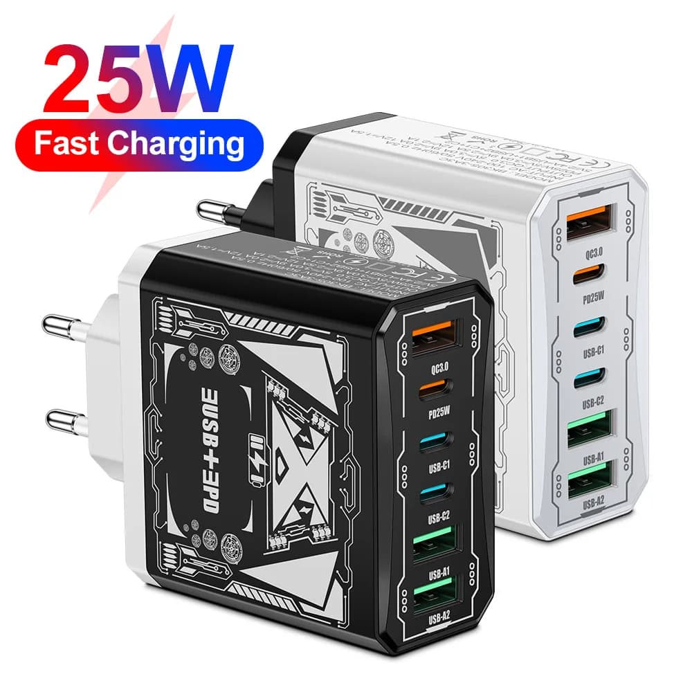 Caricatore da muro veloce a ricarica rapida 6 in 1 3USB 3 tipo C 3.1A per iPhone Samsung Xiaomi Huawei Oppo Adattatore per telefono cellulare