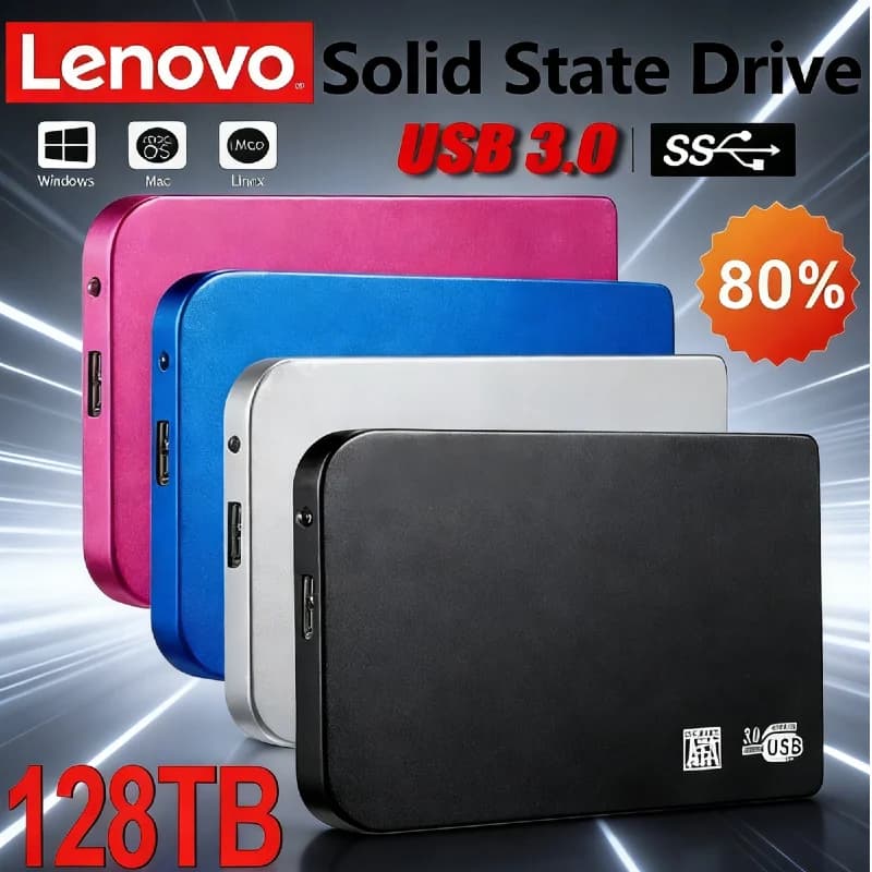 Enclosure SSD Lenovo 128TB ad Alta Velocità, Case Esterno USB3.0 per Disco Rigido Mobile, Scatola di Archiviazione HDD/SSD in ABS con Cavo USB3.0