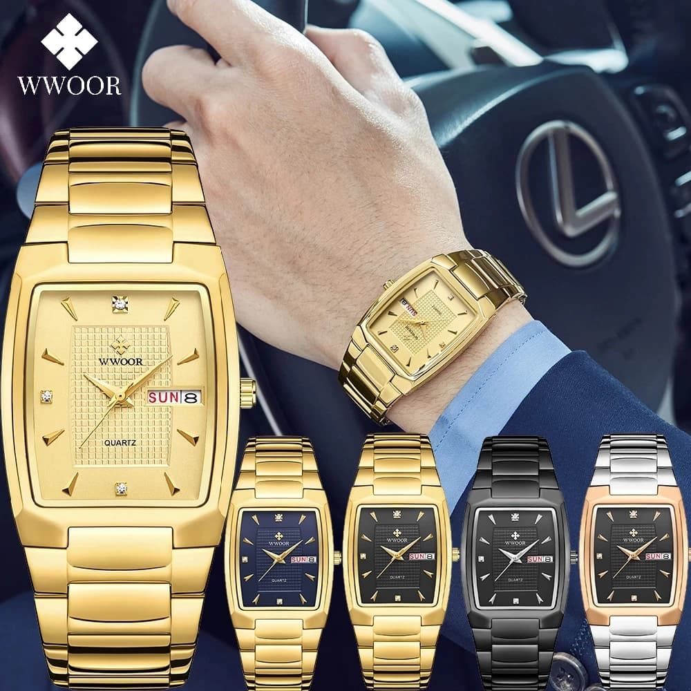 Relogio Masculino WWOOR 20224 new men's square clock with automatic weekly date quartz watches men's luxury stainless steel gold