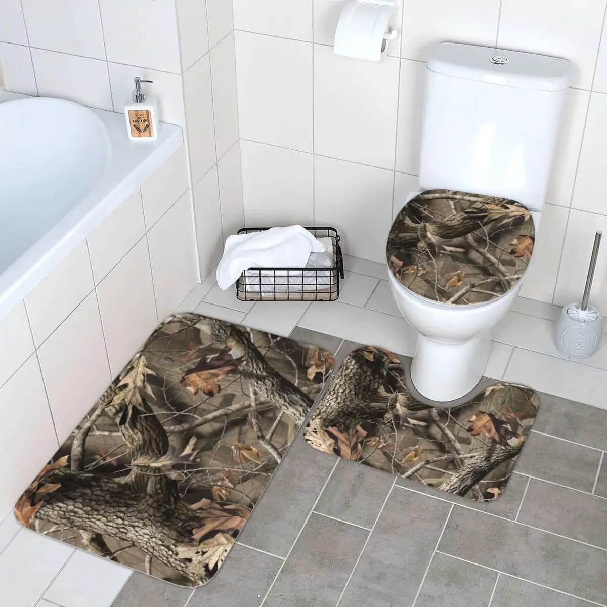 Real Tree Camouflage Tappetino da bagno in 3 pezzi Set da bagno Copri coperchio per WC Decorazioni per la casa Tappeto antiscivolo