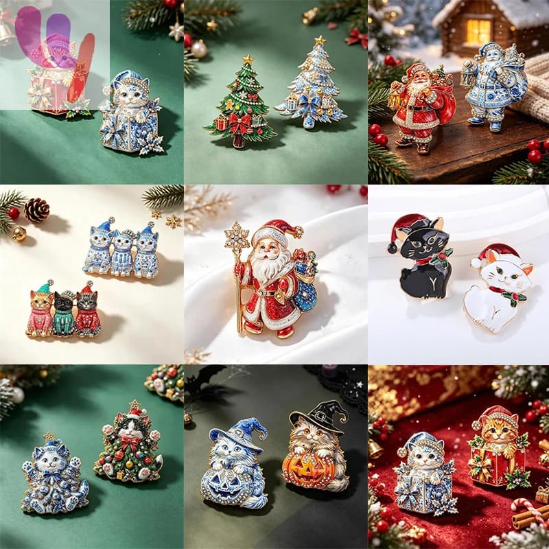 Multi-Styles Blue-and-white Porcelain Design Christmas Brooches For Women Tree Cats Santa Claus Nutcracker New Year Brooch Pins