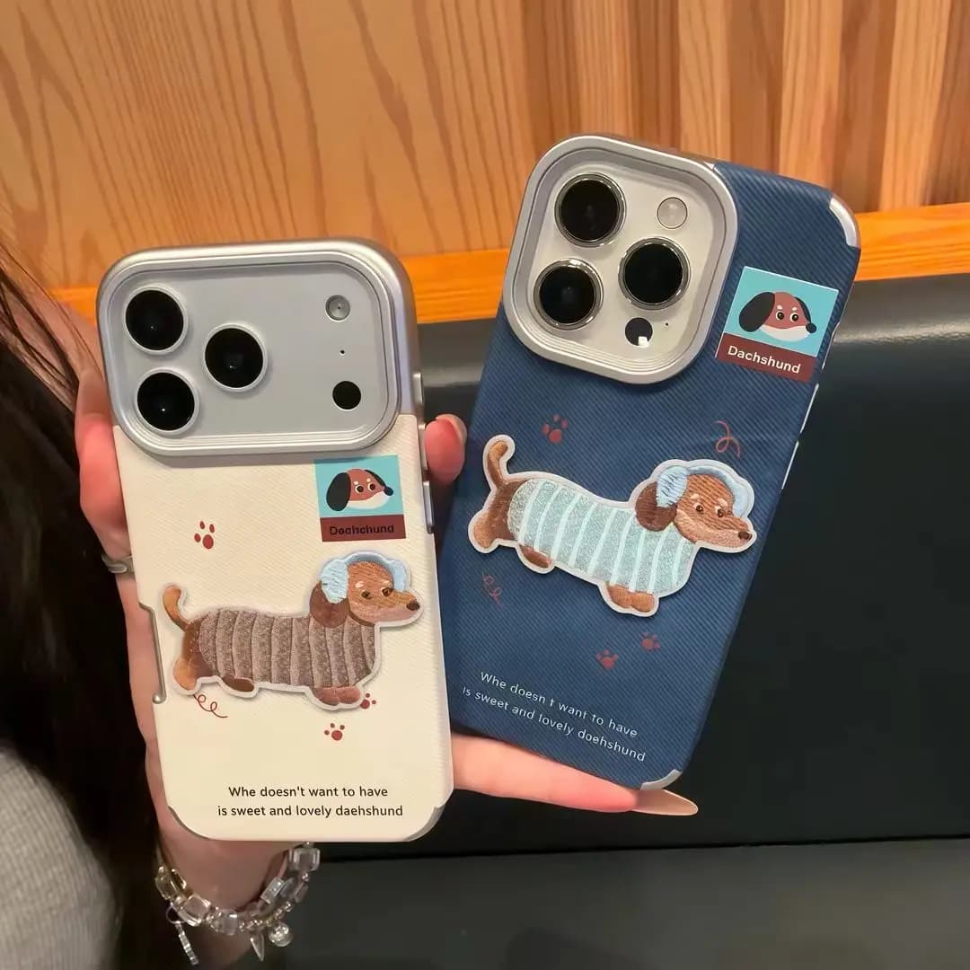 Luxury Cute Embroidered Sausage Dog Phone Case For iPhone 17 16 15 14 13 12 11 Pro Max Washed denim fabric Silicone Back Cover
