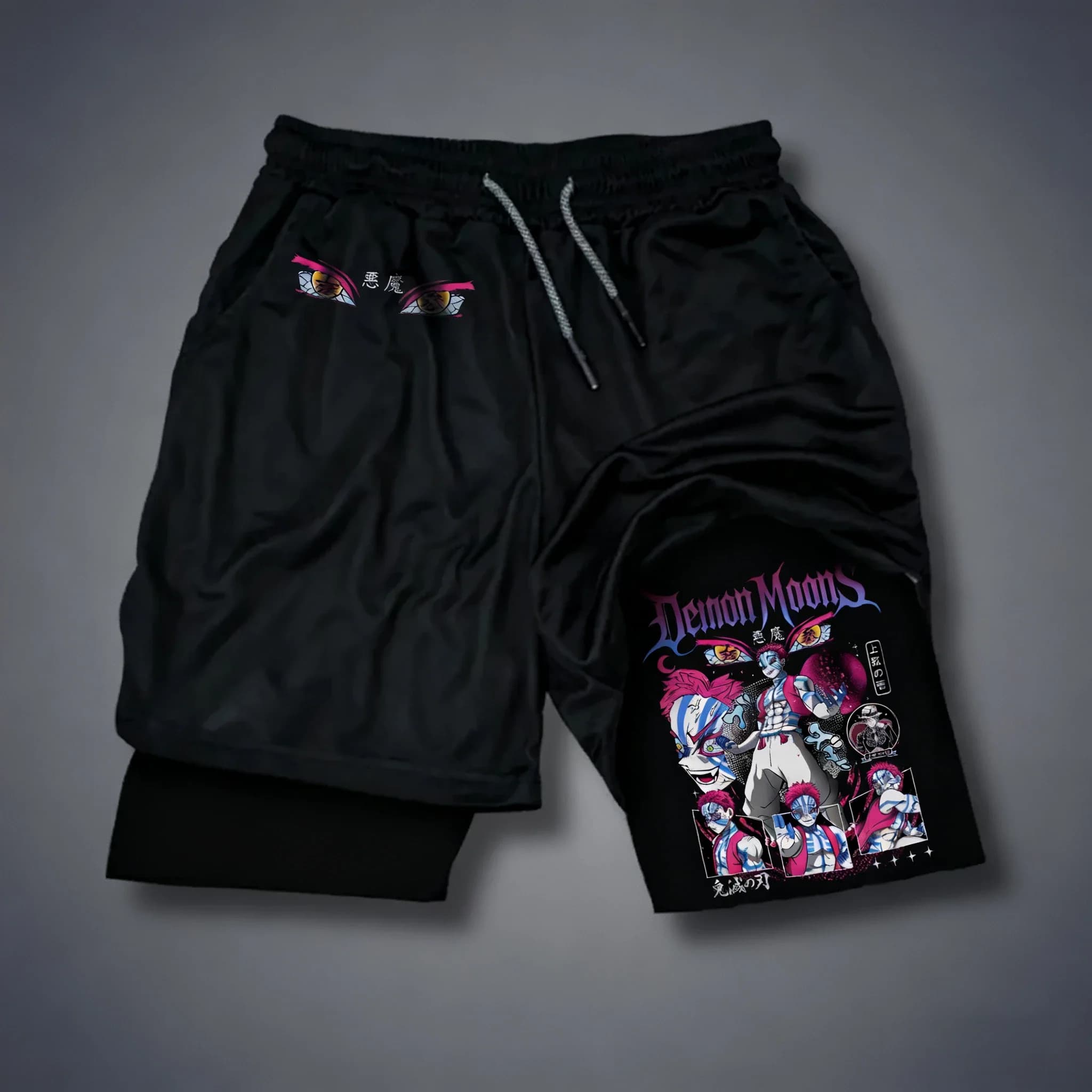 Demon Slayer printed double layer shorts, men's and women's summer shorts, for sports, fitness, swimming, 2 in 1, quick and breathable drying