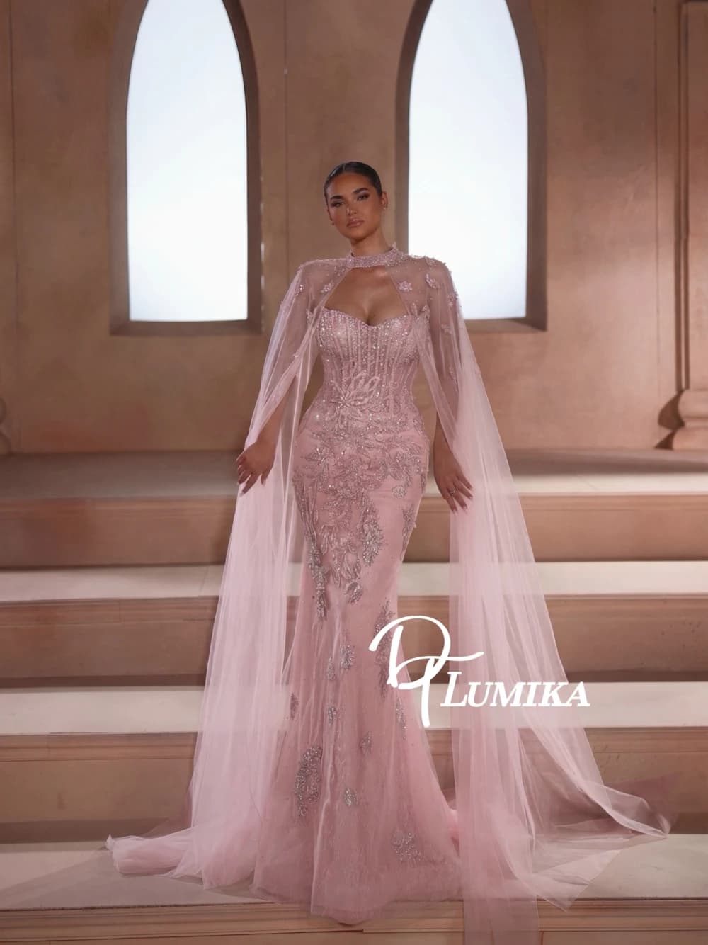Glam Floral Formal Evening Gown Blush Pink Beaded Lace Mermaid Prom Dress With Flowy Tulle Cape For Pageant Event Customized