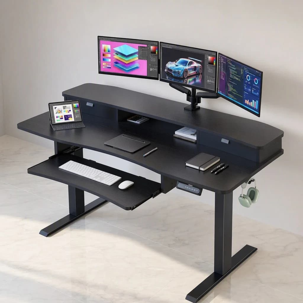 55' X 26' Electric Standing Desk, 2 Drawers & Keyboard Tray, Black | Ergonomic Desk with 2 Drawers: 27.9'-46.8' Electric Lifting. 26.7' Keyboard Tray & C-Clamp Mount Top Maximize Workspace