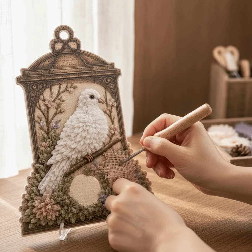 No Sewing Fabric Poke Art Easy Make Thick Board Needle Craft Kit Stereo Visuals Pre-Cut Bird Ornament DIY Cozy Activity