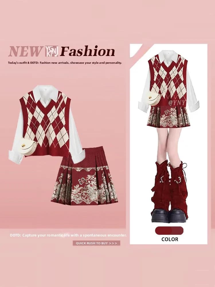 Retro Academic Style Knitted Vest Shirt Short Skirt Set Women's Spring Red Three-piece Set Not the Same as Mall Counterparts
