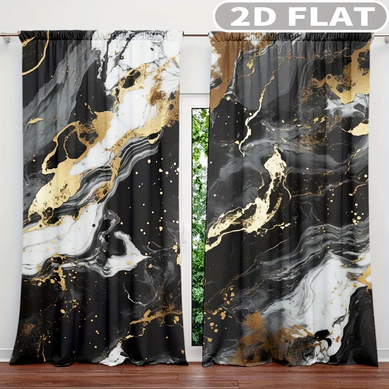 Tende 2D piatte, 2 pezzi, motivo marmo nero bianco oro, perfette per balcone, camera da letto, soggiorno, adatte per 4 stagioni