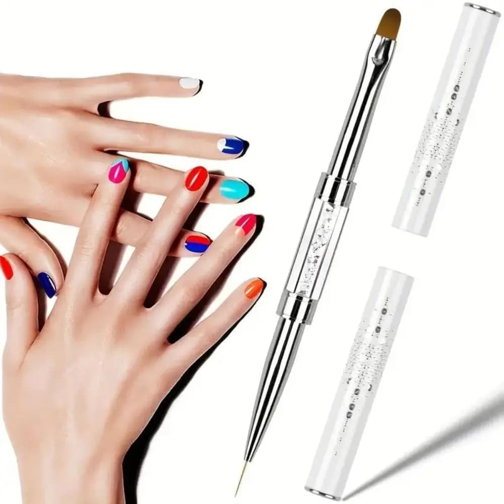 Pennello per Nail Art a Doppia Punta con Manico Lungo in Cristallo, Penna Multifunzionale per Costruzione Unghie, Gel UV e Spingi-Cuticole in Acciaio