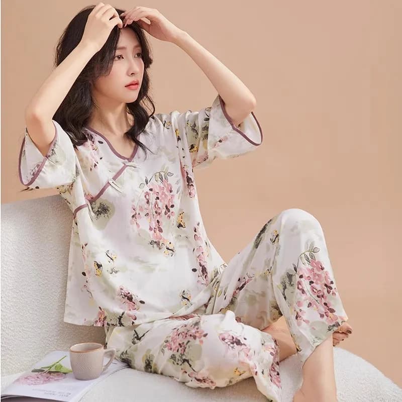 Spring Summer Sleepwear Women's New Chinese Style 3/4 Sleeve Pant Set Sweet Floral Cotton Home Suit Pyjamas Femme Pajamas