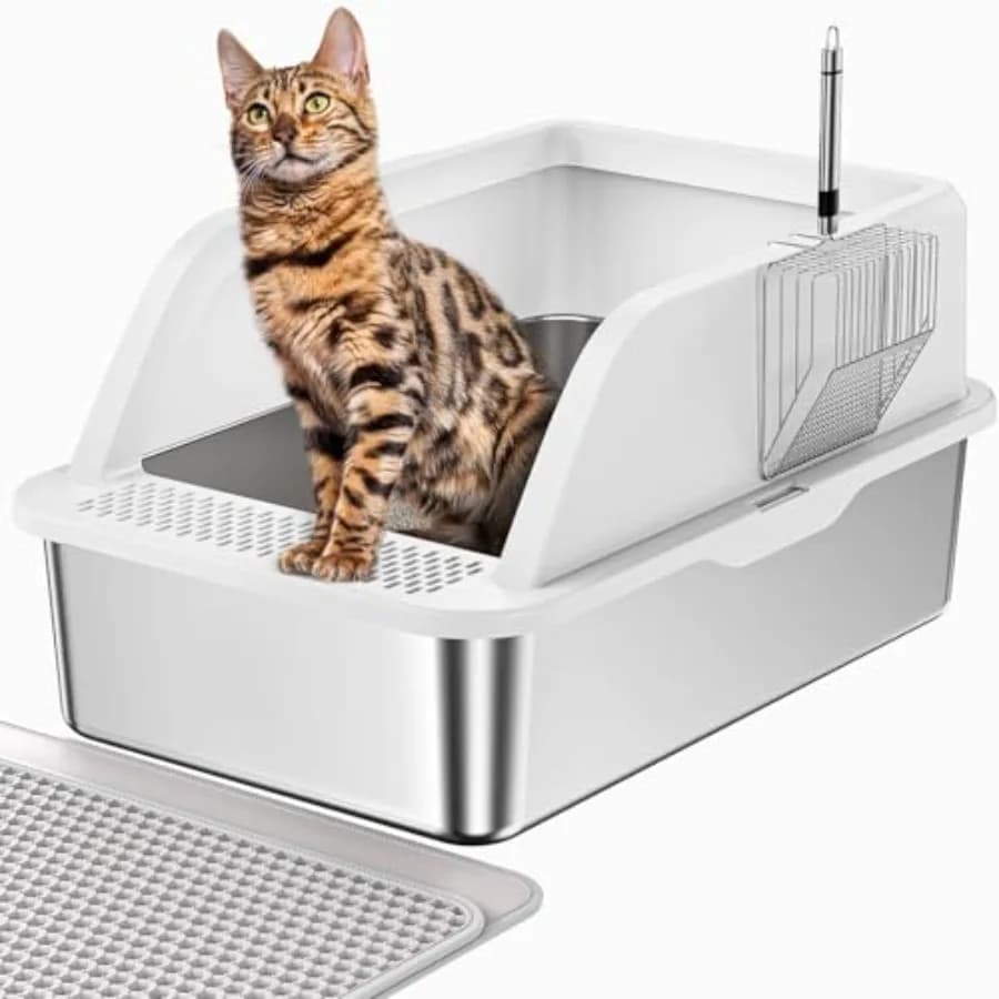 XL Stainless Steel Litter Box, Extra Large Metal Cat Litter Box with High Sided for Big Cats, Enclosed Litter Boxed with Lid, E