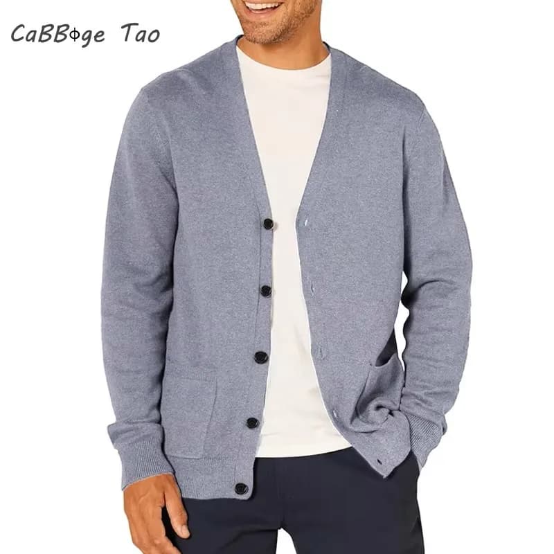 Men's long sleeve cardigan new spring knitted wool sweater men's sportswear with V-neck button oversize light jacket