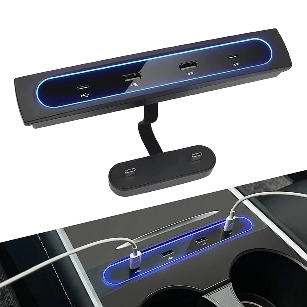 Accessori per Tesla Model 3 Y 2021 2022, Stazione di Ricarica Rapida 27W, Hub USB LED 4 in 1 con Sensore per Console Centrale