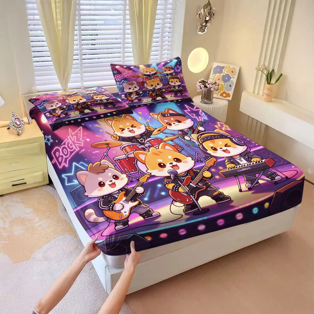 Rock Band Shiba Digital Print Fitted Sheet Set Bed Sheet Set Bedding Set No Fillers Music Themed Teen Bedroom Bedding Decor