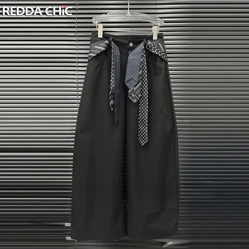 REDDACHiC Pantaloni da abito eleganti Nero Multi Bottoni Gamba larga Pantaloni casual Abbigliamento donna elegante Cravatta Cinture Decor Design Pantaloni