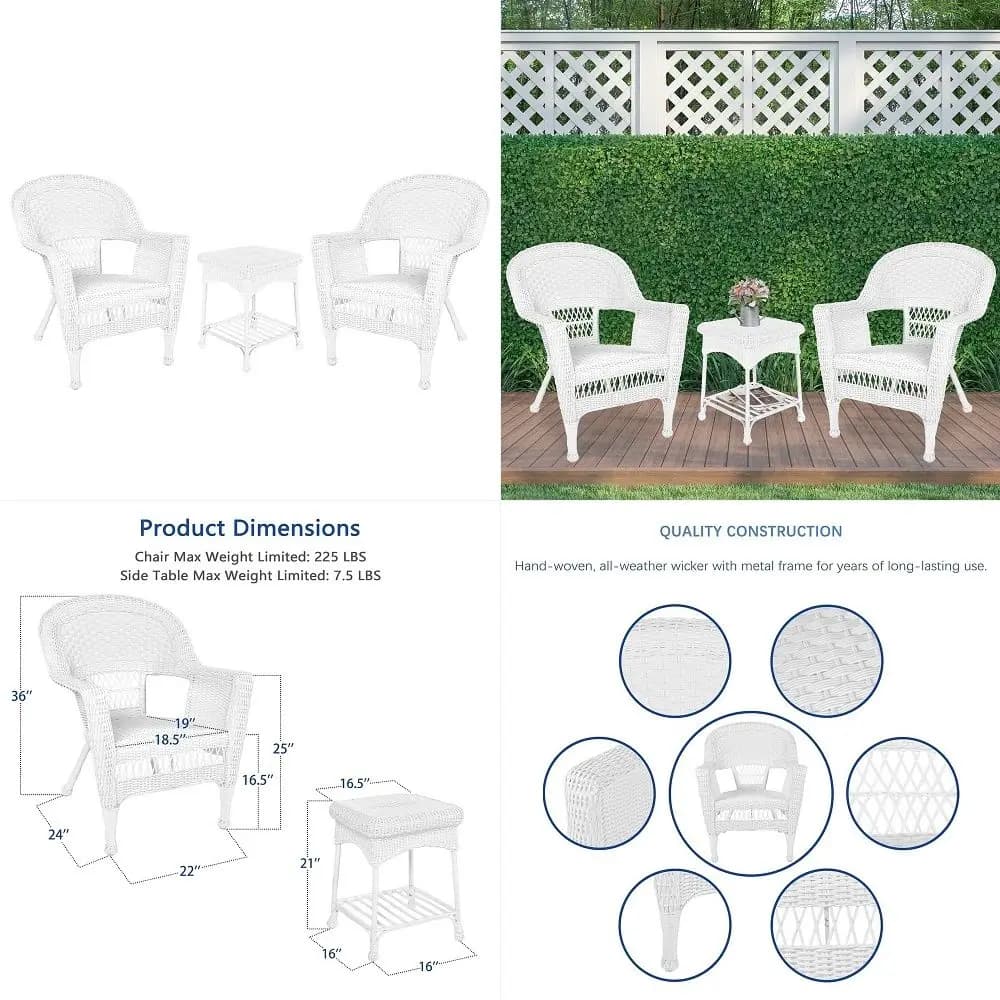 3 Piece Wicker Chair and End Table Set without Cushion, White