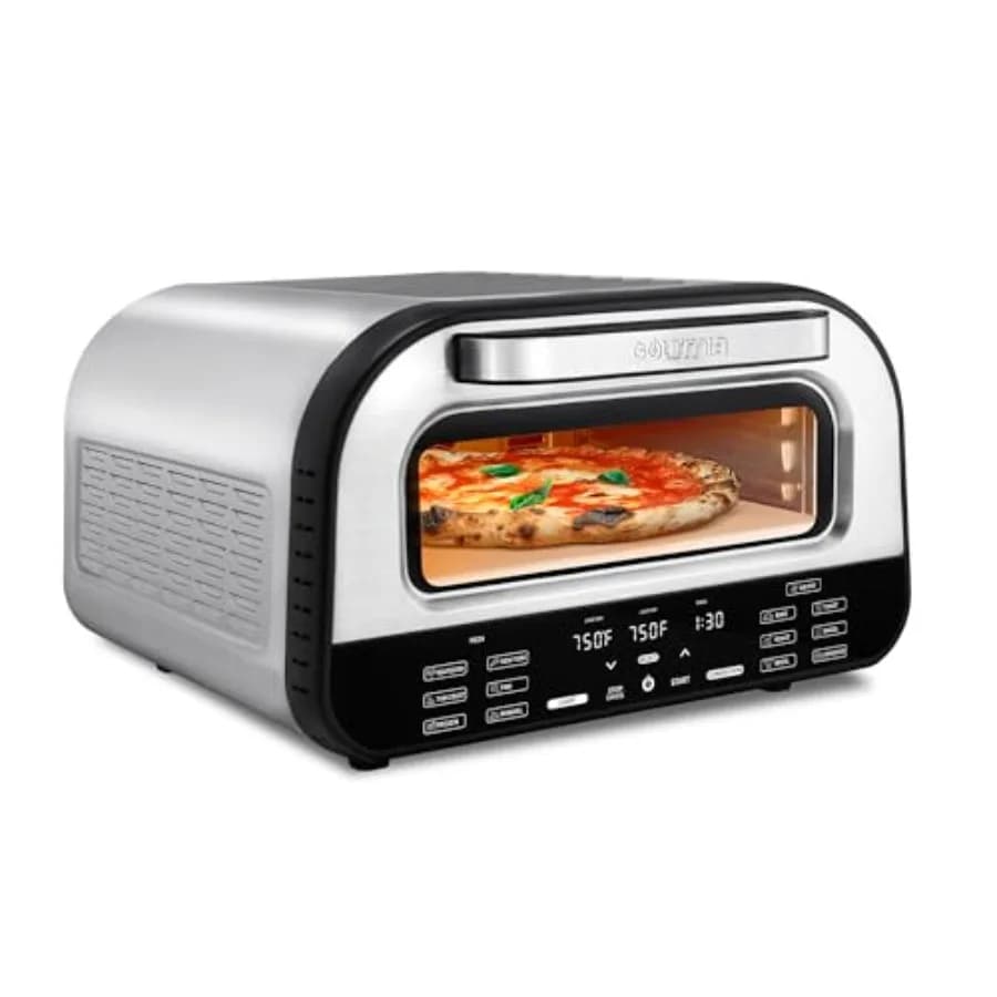 Forno per Pizza da Interno con Funzione Friggitrice ad Aria e Tostapane, 1800W, Multicooker da Banco con Pietra Refrattaria, Controlli Digitali, 6 Preimpostazioni, in Acciaio Inossidabile