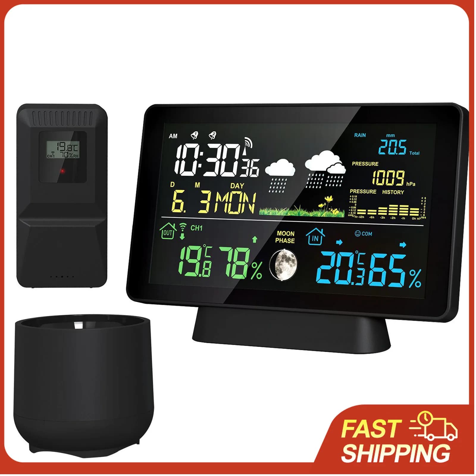 Wireless Weather Station 8-in-1, Internal/External Thermometer, Temperature, Humidity, Time, Date, Radio Signal, Atmospheric pressure, Moon phases