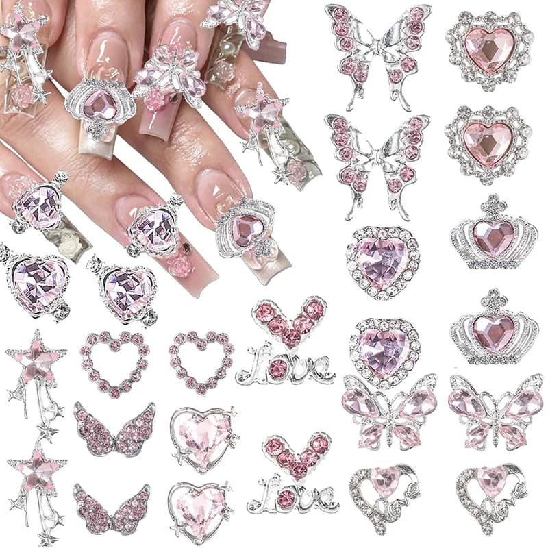 30 Pezzi Decorazioni per Unghie in Metallo Rosa con Cristalli e Strass, Design 3D con Cuori, Farfalle, Stelle e Croci, Accessori per Nail Art
