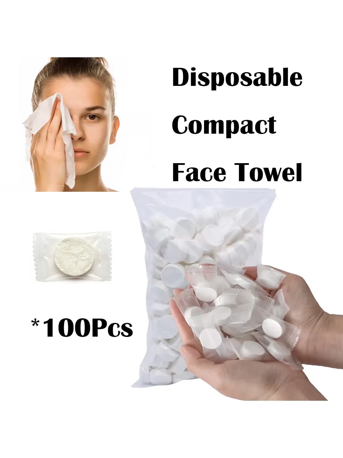100-piece compressed towels, portable disposable face cleaning towels, for dry and wet use, portable for travel, camping