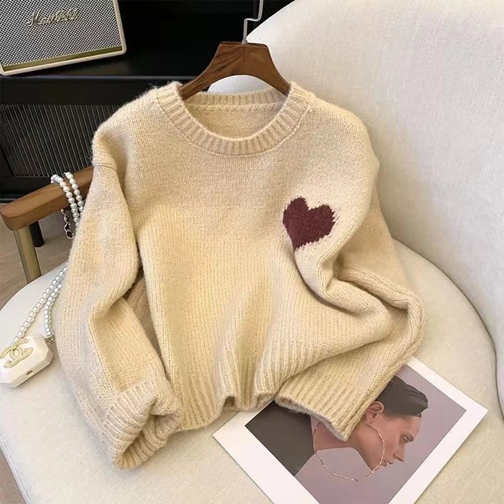 Retro Love Embroidery Sweaters for Women Spring Autumn 2025 New Long Sleeve O-neck Knitted Pullover Tops Female Warm Sweater