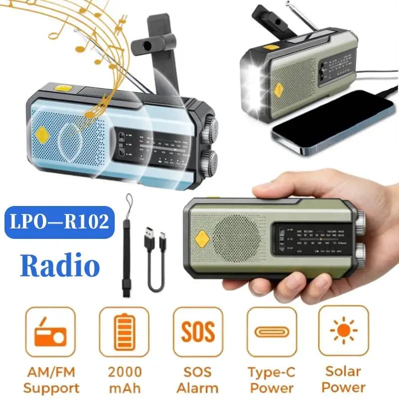 Radio Solare Portatile di Emergenza 2000mAh con Ricarica a Manovella AM/FM SW Multi Banda, Torcia LED SOS e Power Bank
