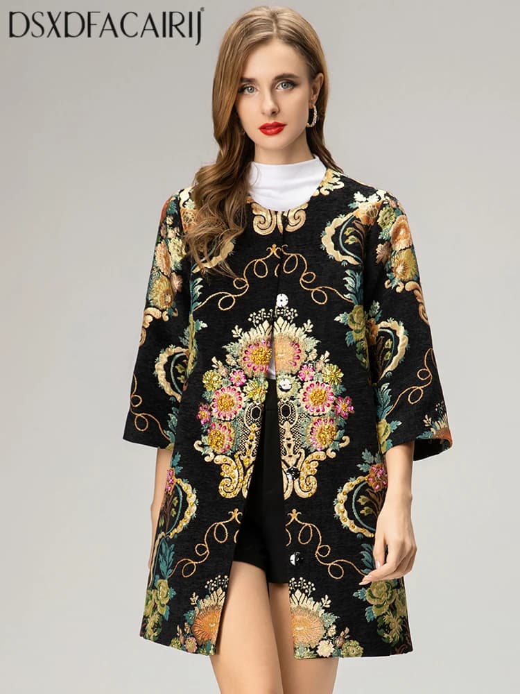 DSXDFACAIRIJ-Pantotto jacquard vintage con diamanti con paillettes da donna O-Collo 4/3 Maniche con bottoni nascosti Capispalla femminile Autunno