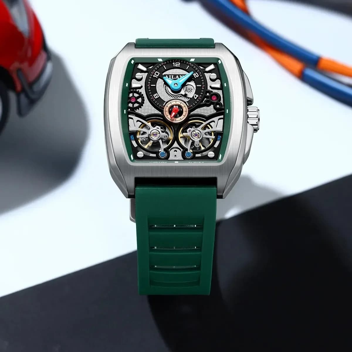 Ailang new fashion sports men's silicone strap waterproof luminous hollow double tourbillon automatic mechanical watch men.