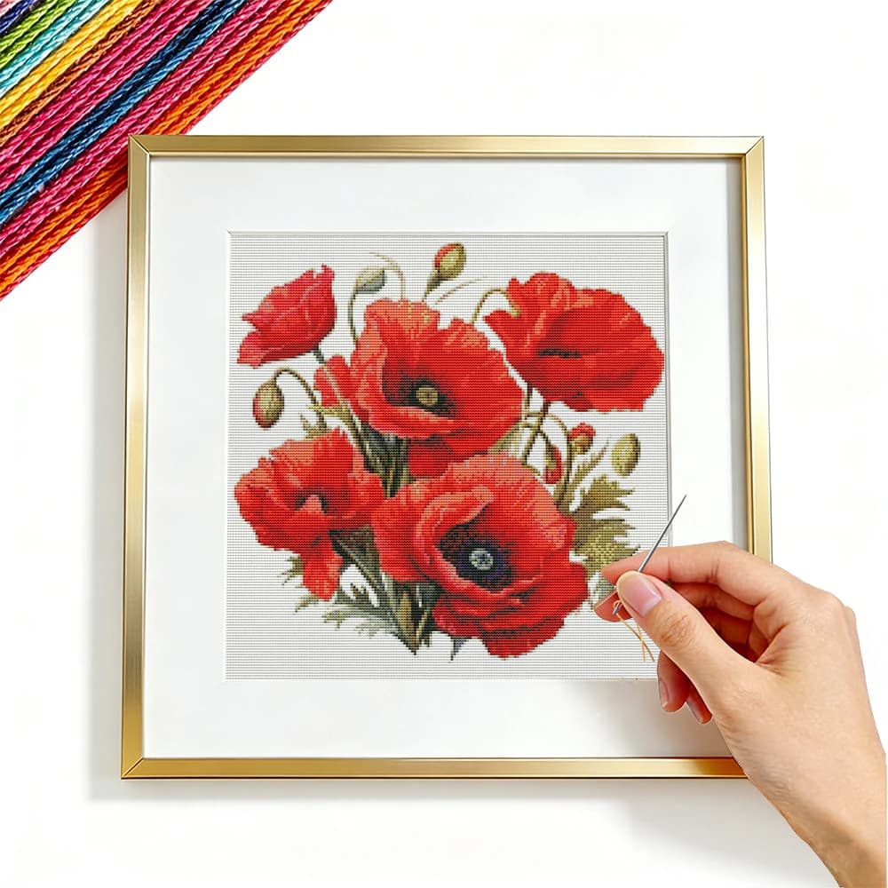 Kit Punto Croce Fiore Papavero 11CT Stampato con Fili Set Ricamo Floreale Rosso Decorazione Murale Lavoro a Mano Filo DMC