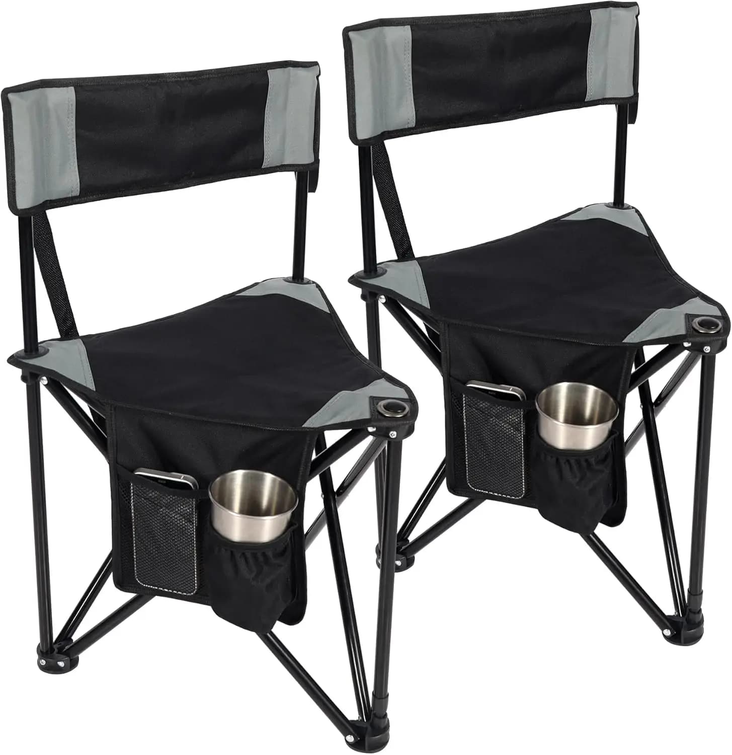 Set of 2 Foldable Camping Chairs with Back, Light Stool and Portable for Adults, Fishing and Hunting, Black