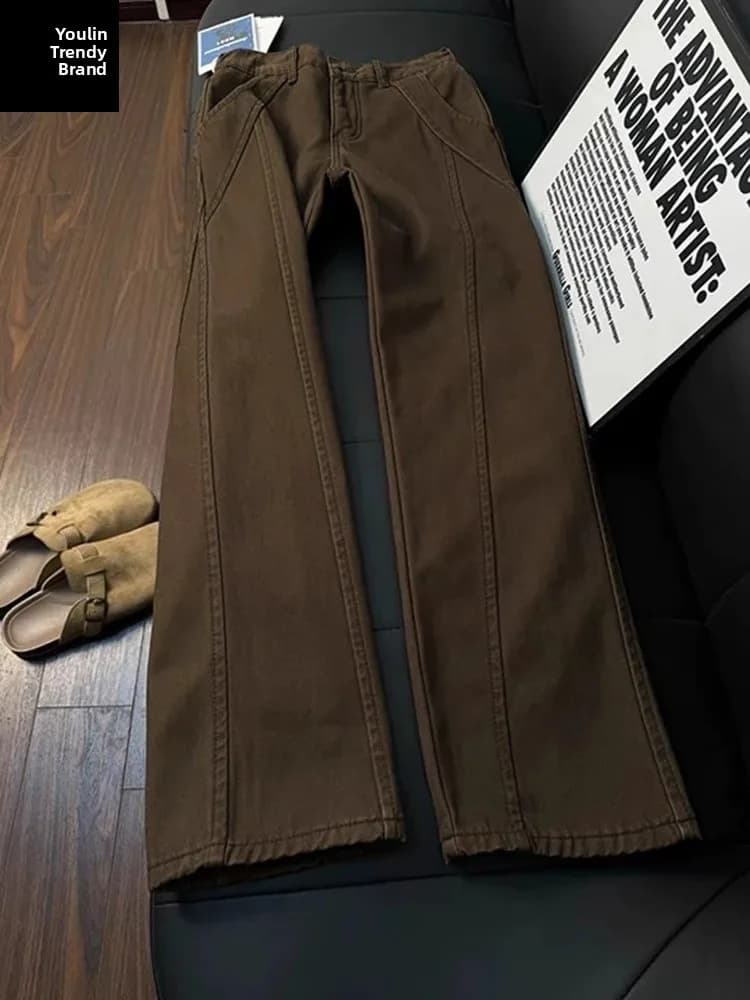 Corduroy Fleece Lined Straight Leg Men's Jeans Coffee Color Thickened Winter American Vibe Low Waist Polyester Cotton Blend